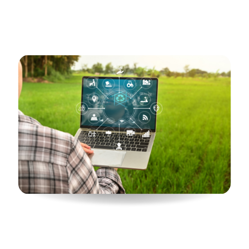 Innovation technology for smart farm system in laptop with smart technology concept. Asian man farmer working outfield farm.