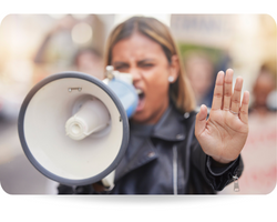 Angry female activist shouting, protesting or announcement for human rights or awareness