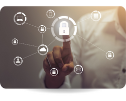 A man touching a digital screen with icons. Cybersecurity concept network of connected devices and personal data security