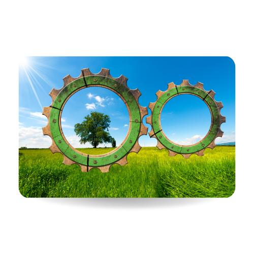 Two wooden gears with green tree in countryside, concept of green economy.