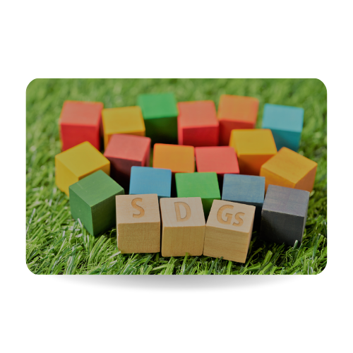 This picture shows wooden cubes stamped with the letters SDGs.